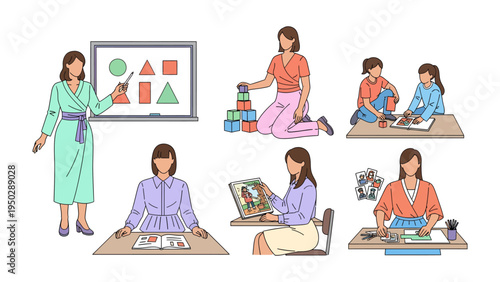 Education and Play: A delightful compilation showcasing the joy of learning and creative play, capturing teachers and children engaged in diverse educational activities.