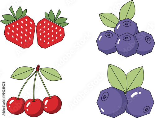 Berry fruit vector set. Strawberry, blueberry and cherry illustrations with leaves. Simple cartoon berries collection for healthy food design, farm packaging and organic fruit themes.