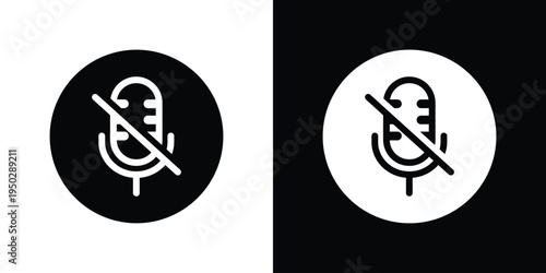 Microphone with a slash mute symbol in a solid circle. Vector icon representing audio off, silent mode, and microphone disabled. Essential UI element for video calls and conferencing apps.