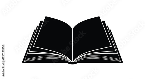 A stark black and white silhouette depicts an open book its pages suggesting knowledge learning and the potential for storytelling