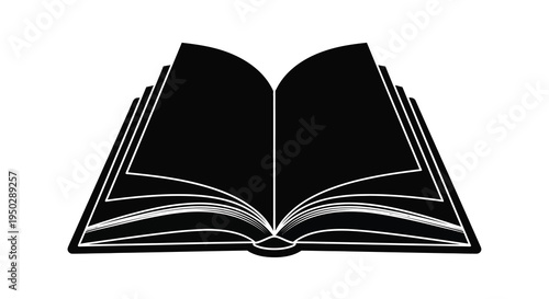 A stark black and white illustration depicts an open book showcasing its pages and bound spine prominently high quality
