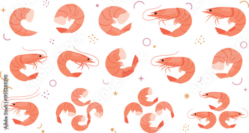 Fresh seafood set with whole shrimp prawns peeled shellfish meat lemon slices seaweed and shells flat vector illustration isolated on white background for restaurant menu.