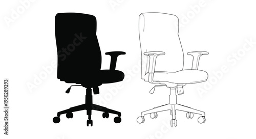 A visual comparison of an office chair presented in both solid black and a detailed white outline high quality