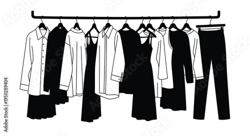 A minimalist black and white illustration depicts a clothing rack filled with various garments including dresses shirts and pants high quality