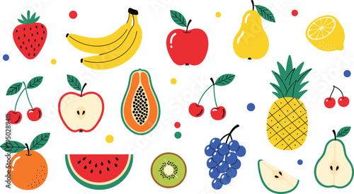 Colorful fruit vector collection. Apple, banana, strawberry, pineapple, grapes and citrus. Fresh healthy fruit elements for grocery design, food packaging and summer menus.