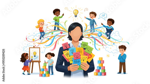 Cultivating Young Minds: An illustration captures an educator surrounded by children, symbolizing the nurturing of creativity, knowledge, and potential in the learning process.