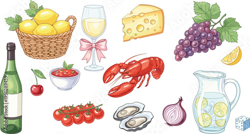 Gourmet food and wine vector set. Cheese, lobster, grapes, oysters, wine bottle and fresh ingredients. Restaurant cuisine elements for menu design, cooking themes and gourmet packaging.