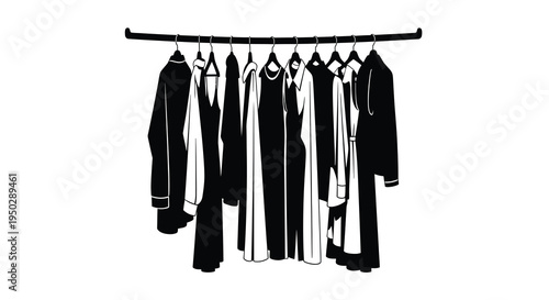 A minimalist black and white illustration depicts a clothing rack filled with various garments hanging neatly high quality professional detailed modern