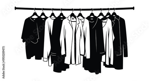 A monochromatic illustration depicts a clothing rack filled with various jackets coats and blazers hanging closely together high quality