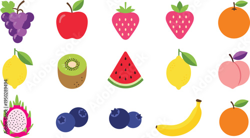 Colorful fruit icon vector set. Apple, banana, strawberry, kiwi, grapes and citrus. Fresh healthy fruit collection for grocery apps, menus, packaging and diet design.