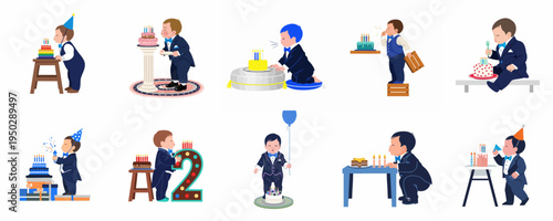Set of flat illustrations of a young boy in a tuxedo celebrating his birthday with various cakes and blowing out candles.