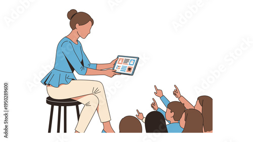 Interactive Classroom: A dedicated teacher facilitates an engaging lesson using a tablet, with eager students raising their hands in a lively classroom environment. 