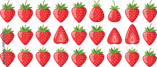 Strawberry fruit icon set. Fresh red strawberries and sliced halves. Cute berry collection for healthy food design, farm packaging and summer fruit themes.