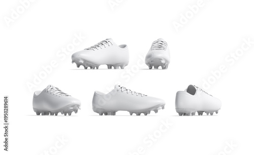 Blank white single soccer boot mockup, different angles views, 3d rendering. Empty running or football boots for training mock up, isolated. Clear athlete foot uniform for player template.