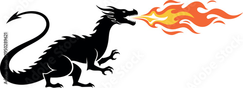 Black dragon breathing fire orange yellow