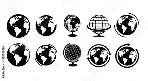A collection of black silhouette globe icons depicting earth some with stands and rotation arrows high quality professional detailed