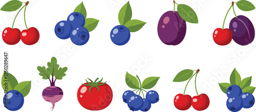 Fruit and berry vector set. Blueberries, cherries, plums, tomato and beetroot with leaves. Fresh organic produce icons for healthy food design, farm packaging and grocery themes.
