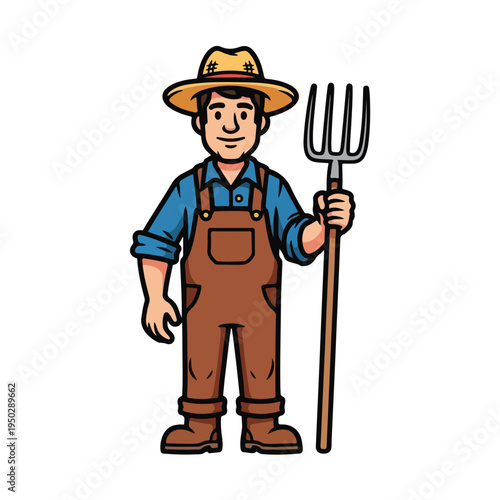 Cartoon farmer in overalls and hat holding pitchfork on white background