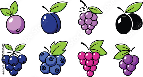 Berry fruit cartoon vector set. Cute blueberries, grapes, plums and cherries with leaves. Colorful fruit icons collection for healthy food design, stickers and packaging.