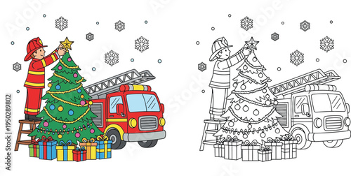 Firefighter Decorating Christmas Tree with Ladder Truck and Gifts - Festive Holiday Scene