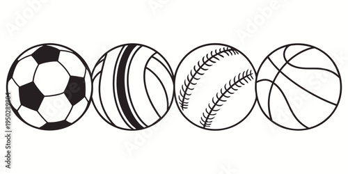 Four sports balls in a line