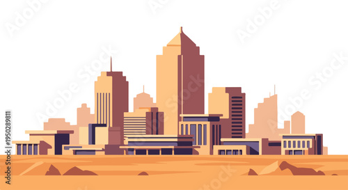 Illustration of a city skyline with modern buildings in warm orange and brown tones against a white background.