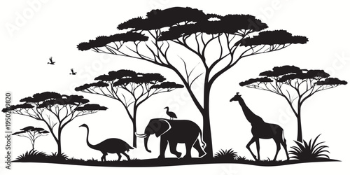 A giraffe an elephant and a bird walk through the savannah