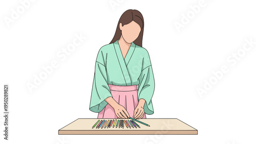 Artistic Harmony: An elegant figure meticulously arranges a vibrant collection of pencils on a wooden surface, embodying the artistic process.