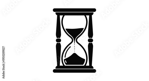 A stark black and white illustration depicts a classic hourglass shape symbolizing the passage of time and mortality