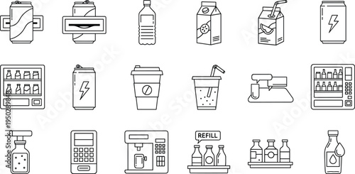 Set of Vending Machines, Refill, and Beverage Packaging Icons in Line Art Style for Drink Dispensers and Convenience Store Products