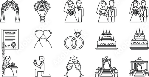 Set of Wedding, Marriage, and Celebration Icons in Line Art Style for Bridal, Ceremony, and Engagement Designs