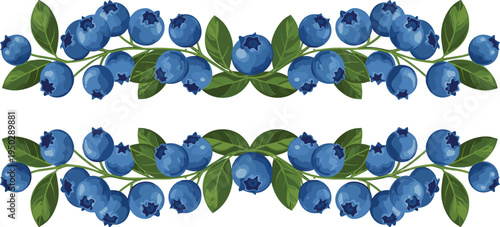 Blueberry branch borders set. Fresh berry garlands with green leaves. Organic blueberry decorative frames for healthy food packaging, farm labels and natural product design.