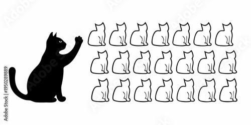 A black cat reaching out to a group of white cats