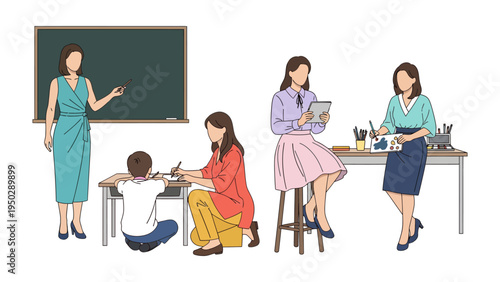 Teaching and Learning in Classroom: This illustration shows various teacher and student interactions. It captures the essence of teaching and learning in a classroom setting.