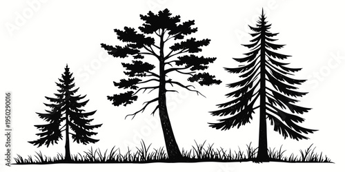 Three black silhouette trees on grassy ground