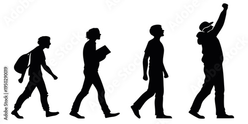 Four silhouettes of men walking in different poses