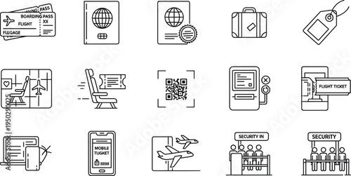 Travel Essentials Icon Set Featuring Boarding Passes Passports Mobile Tickets Luggage and Security Checks for Air Travel and Airports