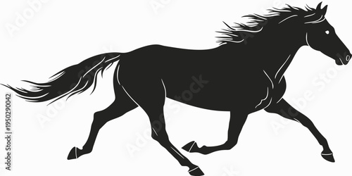 A black horse is running with its mane and tail flowing