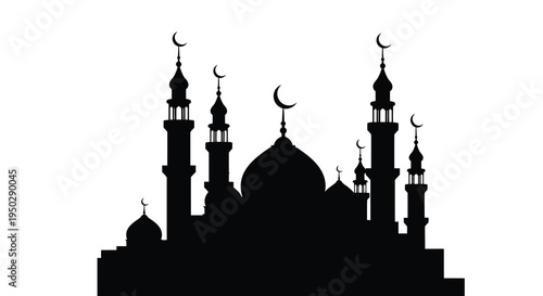 A striking black silhouette depicts an ornate mosque with crescent moons minarets and domes against a white background