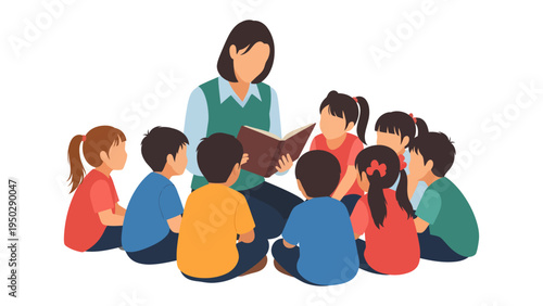 Storytime with the Tutor: A moment of shared learning and discovery unfolds as a tutor engages a circle of attentive children with a captivating storybook.