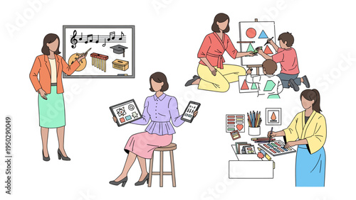 Educator's World: Capturing the essence of education, this illustration showcases various educators engaged in their passion: teaching music, guiding art, and embracing technology.
