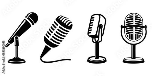 Four different types of microphones on stands