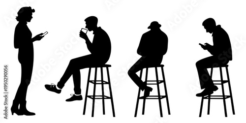 Silhouettes of people sitting and standing while using their phones