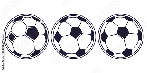 Three black and white soccer balls in different orientations