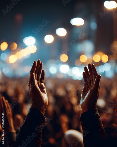 Hands Raised in Unity Against a Bright City Night Background
