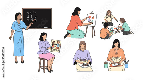 Artistic Teaching: A collection of educational illustration showcases a variety of art activities. In the foreground.