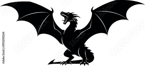 Black silhouette dragon with open wings