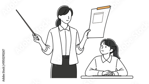Guidance and Learning: An illustration of a tutor pointing at a notepad, guiding a student through study materials, depicting mentorship and knowledge transfer.
