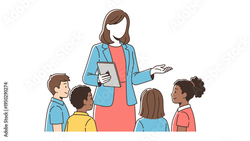 Guiding Light: A teacher inspires a group of children, fostering curiosity and the pursuit of knowledge in a vibrant learning environment.