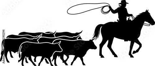 Cowboy herding cattle on horseback ranch